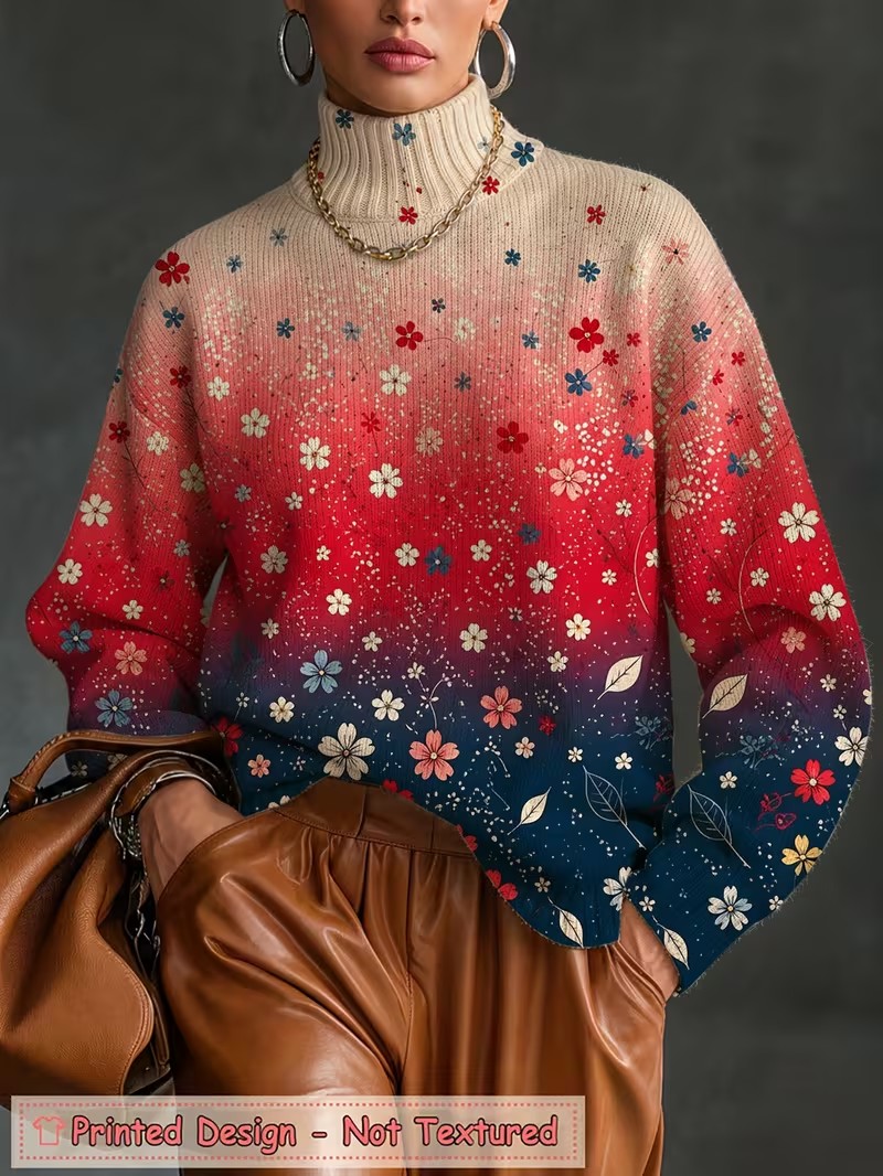 Wallpaper - Women Turtleneck T shirt Gradient Floral